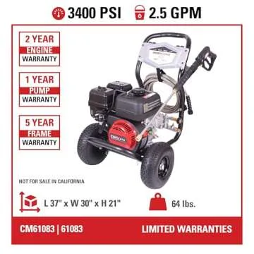 SIMPSON Cleaning CM61083 Clean Machine 3400 PSI Gas Pressure Washer, 2.5 GPM, CRX Engine, Includes Spray Gun and Wand, 4 QC Nozzle Tips, 5/16-in. x 25-ft. MorFlex Hose, 49-State