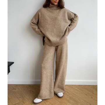 FOILKNRSSO Women's 2 Piece Outfit Set, Long Sleeve Knit Pullover Sweater Top, Wide Leg Pants Sweatsu...