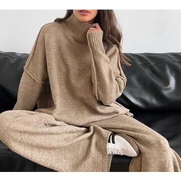 FOILKNRSSO Women's 2 Piece Outfit Set, Long Sleeve Knit Pullover Sweater Top, Wide Leg Pants Sweatsuit (khaki, Small)