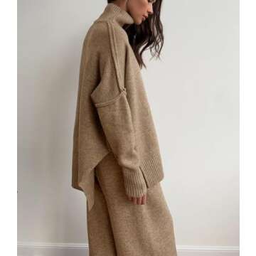 FOILKNRSSO Women's 2 Piece Outfit Set, Long Sleeve Knit Pullover Sweater Top, Wide Leg Pants Sweatsuit (khaki, Small)