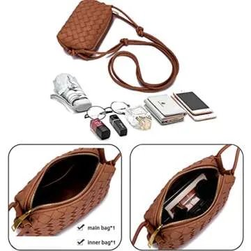 Woven Crossbody Bags for Women，Fashion Leather Lightweight Handbags Shoulder Bag Phone Wallet Purse Stylish Ladies Messenger Bags，Brown