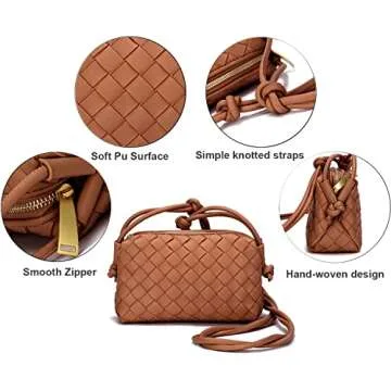 Woven Crossbody Bags for Women，Fashion Leather Lightweight Handbags Shoulder Bag Phone Wallet Purse Stylish Ladies Messenger Bags，Brown