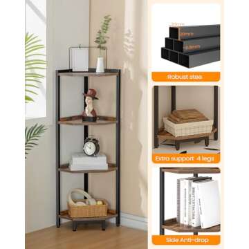 Hzuaneri Corner Shelf Stand, Corner Bookshelf, Storage Standing Shelf Unit with Metal Frame, Plant Stand, Corner Bookcase for Living Room, Home Office, Bedroom, 4-Tier Rustic Brown CS05801B