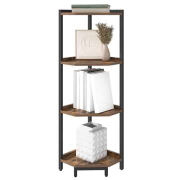 Hzuaneri Corner Shelf Stand, Corner Bookshelf, Storage Standing Shelf Unit with Metal Frame, Plant Stand, Corner Bookcase for Living Room, Home Office, Bedroom, 4-Tier Rustic Brown CS05801B