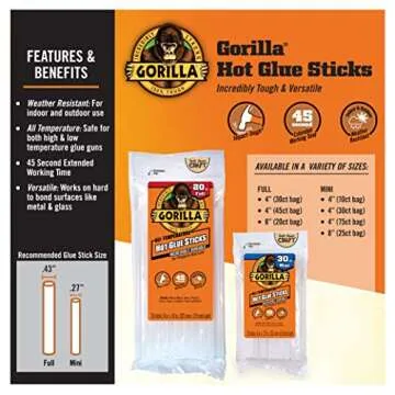 Gorilla Hot Glue Sticks, Full Size, 8" Long x .43" Diameter, 45 Count, Clear, Bonds: Wood, Metal, Glass, Plastic, Floral, Fabric, Leather, Foam, and More ( Pack of 1 with 20 Glue Sticks per pack)