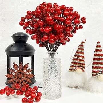 TURNMEON 25 Pack Artificial Berry Stems Christmas Decorations, 8.3" Christmas Berries Picks Branches Twigs for Xmas Tree Ornaments Fillers Vase DIY Holiday Home Indoor Outdoor Decor (Red)