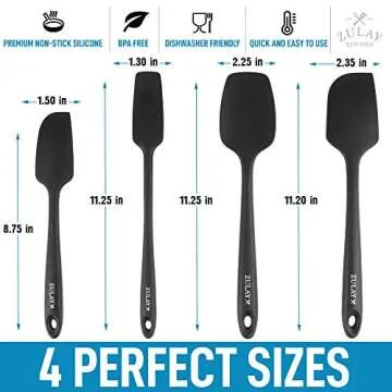 Zulay 4pcs Silicone Spatula Set - Heat Resistant Silicone Tools for Cooking, Baking & Mixing - One Piece Design Spatulas for Non-Stick Cookware - Durable Stainless Steel Core (Black)