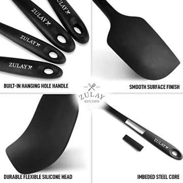 Zulay 4pcs Silicone Spatula Set - Heat Resistant Silicone Tools for Cooking, Baking & Mixing - One Piece Design Spatulas for Non-Stick Cookware - Durable Stainless Steel Core (Black)