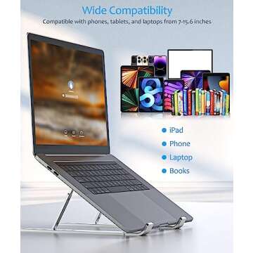 BoYata Laptop Stand, Portable Laptop Holder Computer Stand for Desk, Aluminum Foldable Laptop Riser with 6 Levels Height Adjustment, Compatible with MacBook/HP/Lenovo/Dell, 10-15.6" Laptops (Silver)