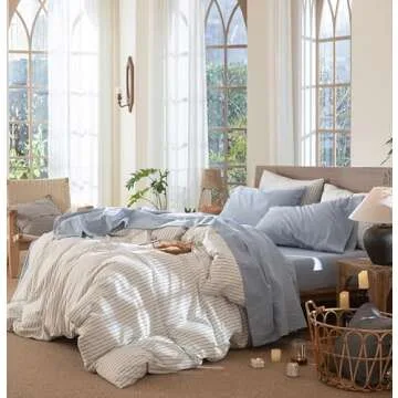 MooMee Bedding Sheet Set 100% Washed Cotton Linen Like Textured Breathable Durable Soft Comfy (Cornflower Blue, Full)