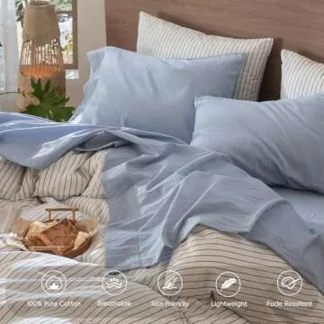 MooMee Bedding Sheet Set 100% Washed Cotton Linen Like Textured Breathable Durable Soft Comfy (Cornflower Blue, Full)