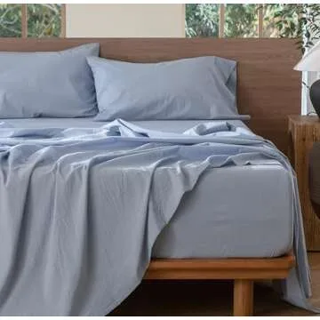 MooMee Bedding Sheet Set 100% Washed Cotton Linen Like Textured Breathable Durable Soft Comfy (Cornflower Blue, Full)