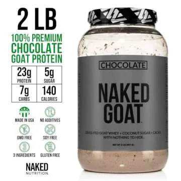 Naked Goat Chocolate Protein Powder - Pasture Fed Goat Whey Protein Powder from Small-Herd Dairies - Only 3 Ingredients - GMO Free, Soy Free - All Natural - 23 Grams of Protein - 25 Servings