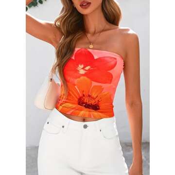 PRETTYGARDEN Strapless Tube Tops for Women 2025 Summer Mesh Floral Y2K Bandeau Cute Crop Top Trendy Going Out Outfits (Orange,Small)