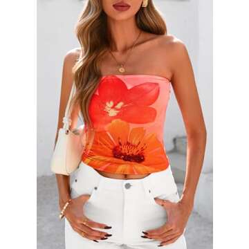 PRETTYGARDEN Strapless Tube Tops for Women 2025 Summer Mesh Floral Y2K Bandeau Cute Crop Top Trendy Going Out Outfits (Orange,Small)