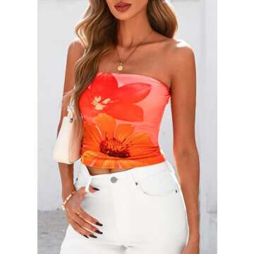 PRETTYGARDEN Strapless Tube Tops for Women 2025 Summer Mesh Floral Y2K Bandeau Cute Crop Top Trendy Going Out Outfits (Orange,Small)