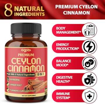 Premium Ceylon Cinnamon with Berberine Supplement - 8in1 Combined Turmeric, Ginger, Gymnema & More - Body, Heart & Immune Support - 180 Capsules