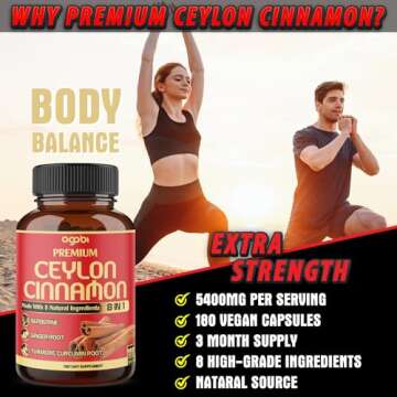 Premium Ceylon Cinnamon with Berberine Supplement - 8in1 Combined Turmeric, Ginger, Gymnema & More - Body, Heart & Immune Support - 180 Capsules