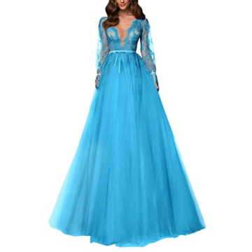 WORDSKEI Long Sleeve Prom Dress V-Neck Laces Tulle Wedding Dresses A Line Formal Evening Gowns