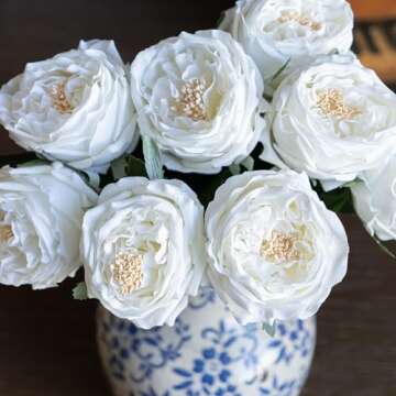 DUYONE White 4pcs Fake Flowers for Decoration Home Decor Real Touch Artificial Flowers Austin Rose Peony Latex Fake Flower Living Room Decoration Vivid Pink Roses Peonies