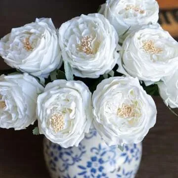 DUYONE White 4pcs Fake Flowers for Decoration Home Decor Real Touch Artificial Flowers Austin Rose Peony Latex Fake Flower Living Room Decoration Vivid Pink Roses Peonies