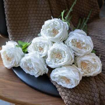 DUYONE White 4pcs Fake Flowers for Decoration Home Decor Real Touch Artificial Flowers Austin Rose Peony Latex Fake Flower Living Room Decoration Vivid Pink Roses Peonies