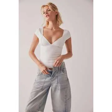 ABYOVRT Women Low Cut Tops Backless Deep V Neck Short Sleeve Crop Tops Sexy Summer Y2k Shirt Going Out Club Wear (A-White,S)