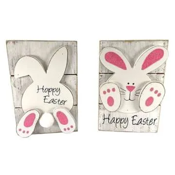 Gerson Hoppy Easter Bunny Glitter Wooden Box Signs - Set of 2