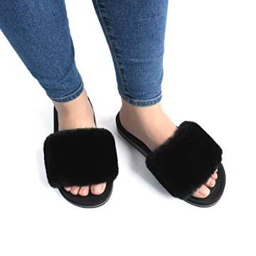 COFACE Womens Slides Fuzzy House Slippers for Women Open Toe Fluff Slippers With Arch Support Plantar Fasciitis Orthotic Slippers Women House Shoes Indoor Size 10
