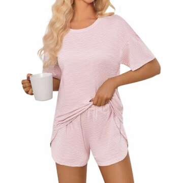 JUSTFASHIONNOW Womens Summer Pajama Sets Striped Print Short Sleeve Pajamas for Women Split Short Se...