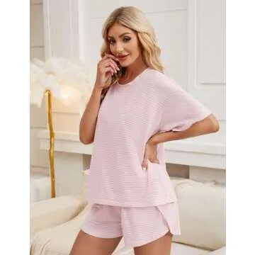 JUSTFASHIONNOW Womens Summer Pajama Sets Striped Print Short Sleeve Pajamas for Women Split Short Sets Soft Two Piece Outfits Lounge Sets Casual Crew Neck Sleepwear Pjs Pink M