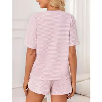 JUSTFASHIONNOW Womens Summer Pajama Sets Striped Print Short Sleeve Pajamas for Women Split Short Sets Soft Two Piece Outfits Lounge Sets Casual Crew Neck Sleepwear Pjs Pink M