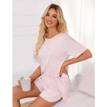 JUSTFASHIONNOW Womens Summer Pajama Sets Striped Print Short Sleeve Pajamas for Women Split Short Sets Soft Two Piece Outfits Lounge Sets Casual Crew Neck Sleepwear Pjs Pink M