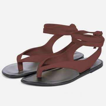 FOWT Women Split Round Toe Sandals Lace up Strappy Comfortable Flats Casual Summer Soft Flip Flop Shoes Wine Red Size 8.5 US