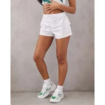 ZREQV Shorts for Women Summer Cargo Shorts Casual Lounge Slim Fit with Pockets High Waist Cotton Y2K Work Shorts White M