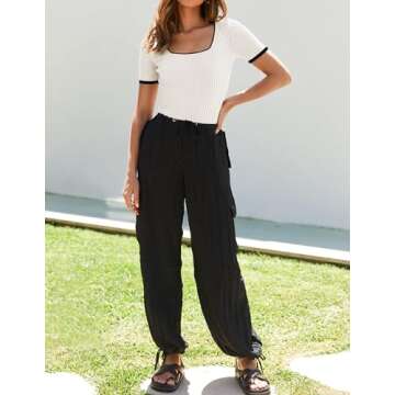 ZESICA Women's Short Sleeve Square Neck Color Block T Shirt 2025 Summer Slim Fit Ribbed Knit Basic Tee Tops,White,Medium