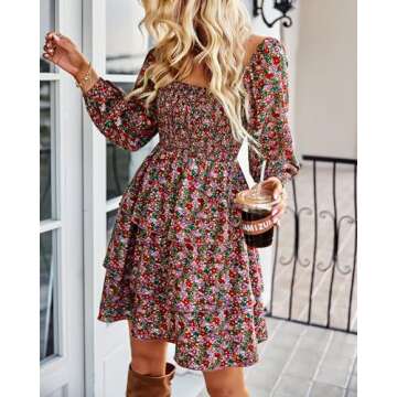 BTFBM Women Square Neck Smocked Dresses 2025 Summer Fall Long Sleeve Floral Swiss Dot Mini Boho Wedd...