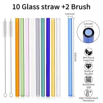 [10 Pcs] Reusable Glass Straws Shatter Resistant - 9" x 10 mm Multicolor Drinking Reusable Straws Wi...