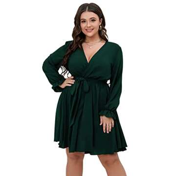 SCOMCHIC Women's Plus Size Long Sleeve Wrap V Neck Tie Waist A Line Mini Dress Emerald Green