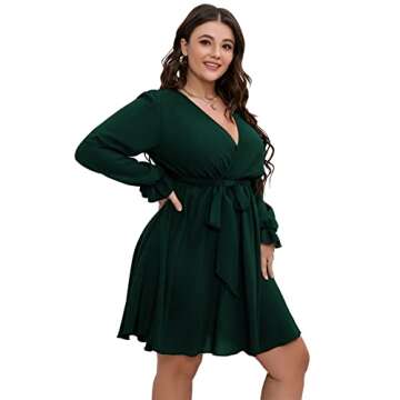 SCOMCHIC Women's Plus Size Long Sleeve Wrap V Neck Tie Waist A Line Mini Dress Emerald Green