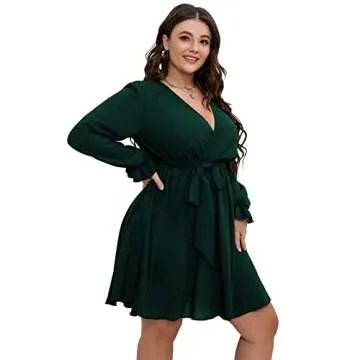 SCOMCHIC Women's Plus Size Long Sleeve Wrap V Neck Tie Waist A Line Mini Dress Emerald Green