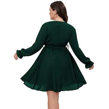 SCOMCHIC Women's Plus Size Long Sleeve Wrap V Neck Tie Waist A Line Mini Dress Emerald Green