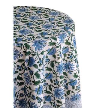 ATOSII Taj 100% Cotton Round Tablecloth, Handblock Print Floral Table Cloth for Kitchen Dining Linen...