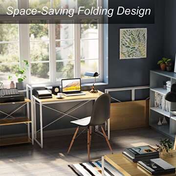 Study Writing Desk for Small Spaces, 39 Inch Portable Computer Desk | NO Tools Required | Modern Industrial Laptop Work Foldable Desk Gaming Table for Home Office, Bedroom, Living Room, White