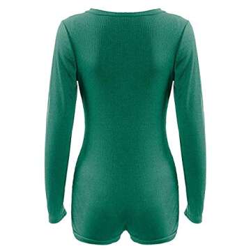 Begonia.K Women's Long Sleeve Romper Deep V Neck Botton Knitted Bodycon Jumpsuit (Green, US M=Tag L)