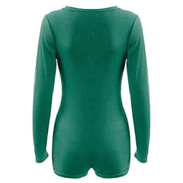 Begonia.K Women's Long Sleeve Romper Deep V Neck Botton Knitted Bodycon Jumpsuit (Green, US M=Tag L)