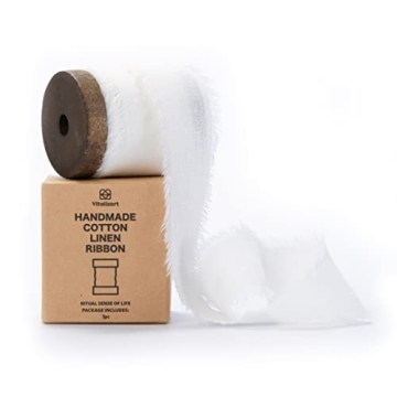Vitalizart White Cotton Linen Ribbon with Spool 1.5" x 5Yd Handmade Fringe Frayed Fabric Cloth for W...