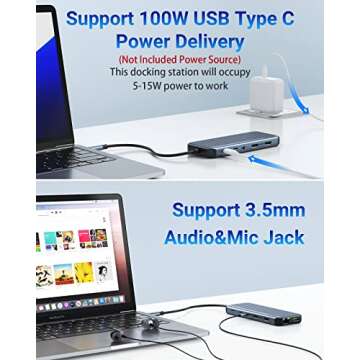 USB C Docking Station for 8K Single Monitor Display, 4K Triple Monitors Display with Dual HDMI, DisplayPort, USB 3.1, USB C 3.1, 2*USB 2.0, SD & MicroSD Slot, Audio & Mic Jack, Ethernet, PD Charging