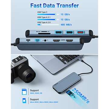 USB C Docking Station for 8K Single Monitor Display, 4K Triple Monitors Display with Dual HDMI, DisplayPort, USB 3.1, USB C 3.1, 2*USB 2.0, SD & MicroSD Slot, Audio & Mic Jack, Ethernet, PD Charging