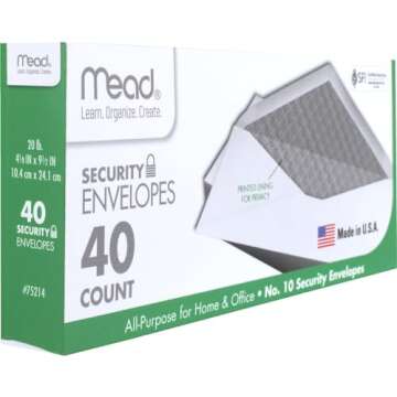 Mead #10 Envelopes, Security Printed Lining for Privacy, Gummed Closure, All-Purpose 20-Ib Paper, 4-...